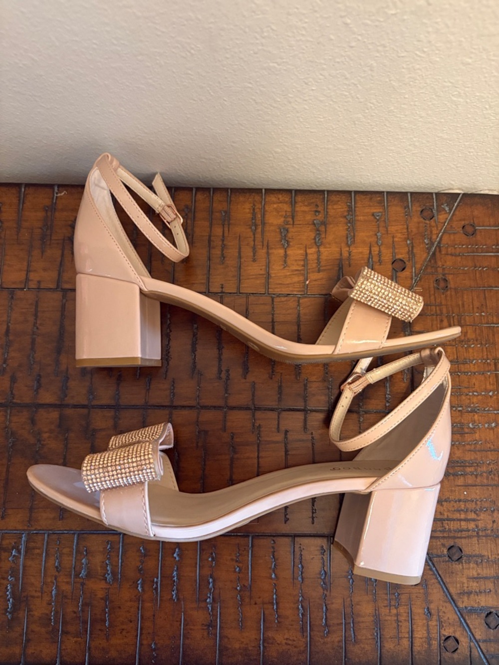 BAMBOO Nude/Tan Jeweled Bow Ankle-Strap Block Heels - Picture 4 of 7